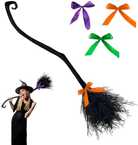 Dhqkqg Escoba de Bruja de 128cm,Escobas de Brujas para Halloween con Cintas,Escobaes de Bruja con Mango Desmontable,Decoración de Fiesta de Palo de Brujaes,Bonita Escobaes Brujas para Niños y Adultos