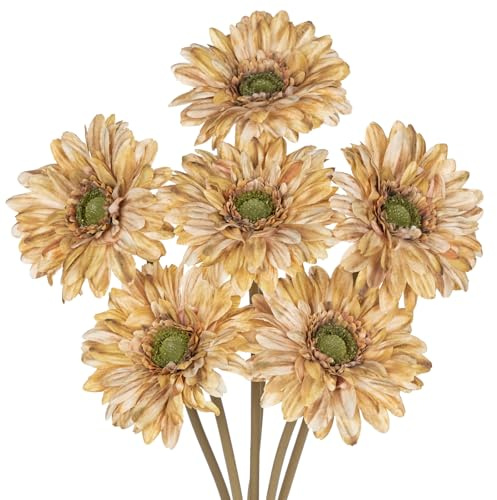 Hollyone 6PCS Kunstblumen Gänseblümchen Künstliche Gerbera Karamell Gefälschte Blume mit Stiel Künstliche Afrikanische Gänseblümchen Deko für Party Haus Küche Garten Hochzeit Dekoration