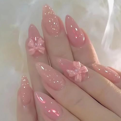 Goiern 24 Stück Rosa Schleife Nagelpressnägel Falsche Mandelförmige Nägel Glitzer Design Akrylnägel Mittel Glänzend Falsche Nägel Akryl Nägel Kleber