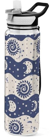 Mnsruu Transparente Sport-Wasserflasche mit Strohhalm, auslaufsichere Trinkflasche, blauer Mond, Sonne, Stern, Streifen, Fahrradflaschen für Sport, Büro, Schule, BPA-freier Tritan-Kunststoff, 1 Liter