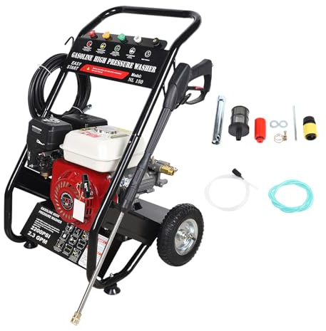 Levkitch Nettoyeur haute pression à essence avec tuyau haute pression de 8 m, 7,5 CV, machine de nettoyage à essence, pression de travail 180 bar, 5 buses et tuyau, moteur à essence 4 temps et roues