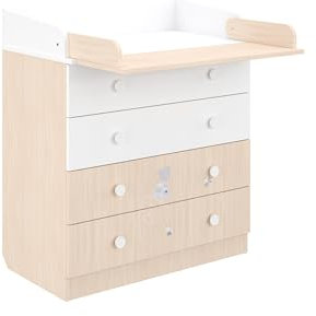 Shefa Kids Wickelkommode 800 Amis weiß-Pastell Eiche - Hochwertiger Wickeltisch mit 4 Schubladen, 80,4 x 48 x 91,7 cm