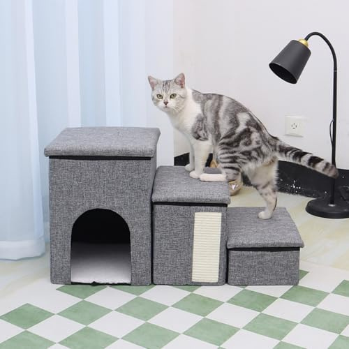 SYCCLLYYDS Hundetreppe für Kleine Große Hunde 80 x43 x 42cm 3 Stufen Treppe Gris Pet Faltbare Aufbewahrungstreppe Waschbar Katzentreppe für Bett Sofa Couch