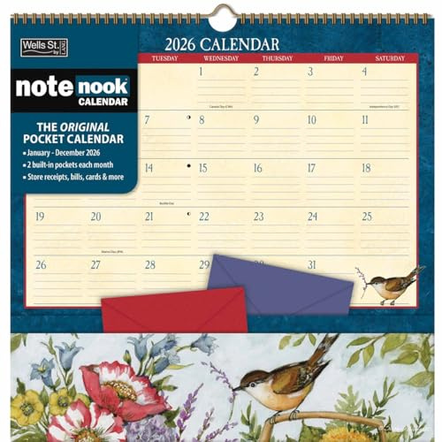 WSBL Heart & Home 2026 Note Nook Wall Calendar – 12-Month Organizer Calendar with Dual Storage Pockets, Tranquil Home & Garden Artwork by Susan Winget, 12″ × 12.125″