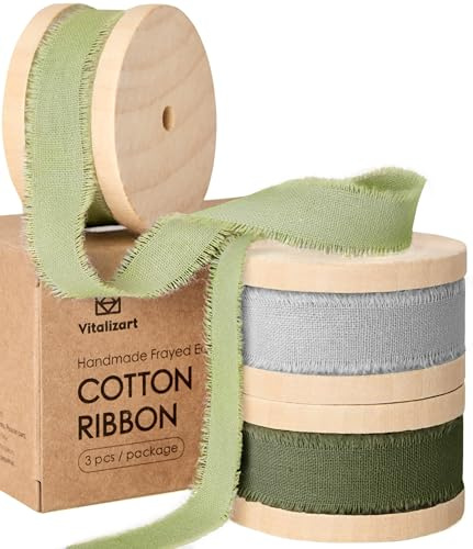 Vitalizart Nastro di Cotone 1,6 cm x 19,2 m (3 Rotoli*6,4 m) Grigio & Verde, Frange Fatte a Mano Nastri in Tessuto Naturale per Inviti di Nozze Bouquet da Sposa Confezione Regalo Decorazione Vacanze