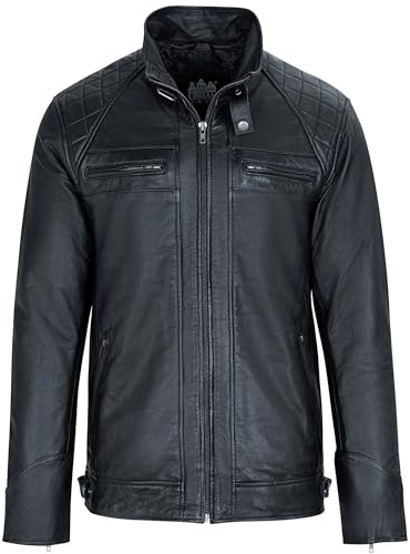 URBAN 5884 Giacca Pelle Uomo SKIMO, Giubbotto in Vera Pelle Ovina in Stile Biker con 8 Tasche, Lavorazione Artigianale, Morbido e Resistente, Nero, L