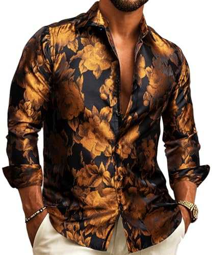 Barry.Wang Chemise habillée en soie pour homme - Motif cachemire floral - Manches longues - Grande et grande taille - Pour fête de mariage - Chemises décontractées et formelles, noir/doré, XXL