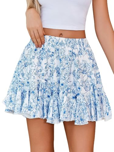 seiveini Jupe Femme Courte Élégant Mini Jupes à Volants A-Ligne Été Taille Élastique Fêtes Vacances Décontractée A Bleu L