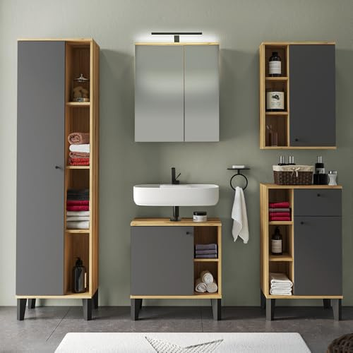 Lomadox Badmöbel-Set 5-teilig mit Waschbeckenunterschrank 60 cm, LED-Spiegelschrank, in Eiche mit grau, modern