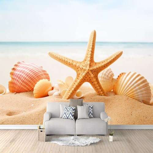 Fotomurale 3D Fotografía Playa Estrellas De Mar Conchas 350 x 256 cm Papel Pintado Fotográfico, Decoración De la Pared Murales para Salón, Dormitorio, Habitación para Niños, Pared de TV