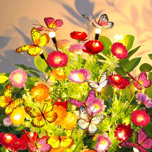 GARPAR Luces solares de jardín, paquete de 6 luces solares oscilantes con 18 mariposas y 42 flores florecientes, luces solares de flores para exteriores, impermeables, luces solares para exteriores