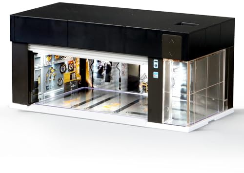 MOCBURIKU 1/64 Scale Diecast Display Case for Hot Wheel Storage with LED Lights, Stackable Electric Garage with Voice Control, 3 Replaceable 3D Scenes Parking Lot Diorama for Model Cars (Black)