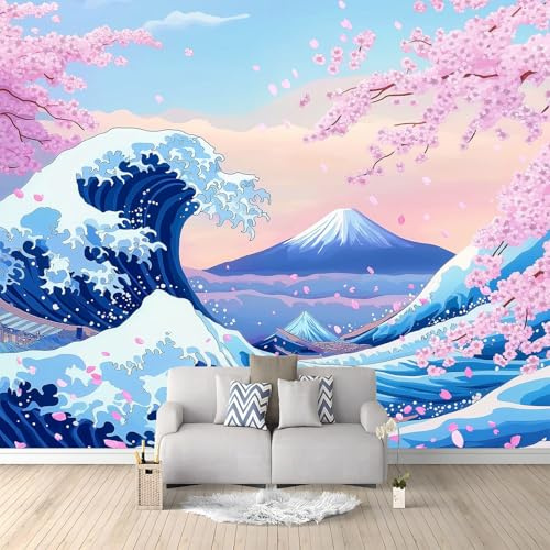 Cerisiers vagues montagnes japon Papier Peints Panoramique 250 x 175 CM (L x H) Poster Mural Intissé 3D Muraux Pour Salon Chambre D'Enfant Décoration, Anime