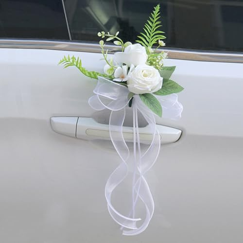 AQCQDQ 4 Stück Hochzeit Autoschleifen, Hochzeit Autoschmuck mit Saugnäpfen, Vintage Hochzeits Künstliche Seidenblume für Auto Rückspiegel (Weiß)
