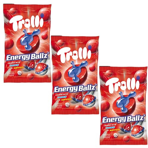 Trolli Energy Ballz, Caramelos de Fruta con Taurina y Cafeína, Forma de Bola, 4 unidades por bolsa, 75 gramos.