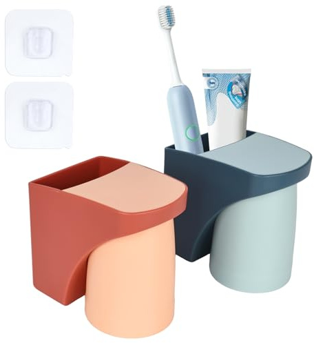 elthmpr Zahnputzbecherhalter Ohne Bohren, 2 Stück Zahnbürstenhalter Wand, Zahnbecherhalter mit Magnetischem Becher, Zahnputzbecher Set Kunststoff für Familie