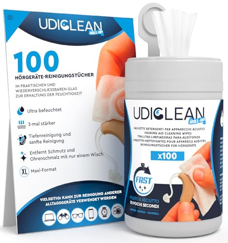 100 Reinigungstücher für Hörgeräte Reinigung und Reinigungsmittel Udiclean - Wiederverschließbarer Tiegel Speichert Feuchtigkeit - Maxi- und Widerstandsfähige Tücher Schnelle und Sanfte Reinigung