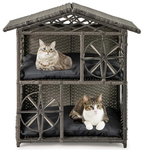 GOPLUS Katzenhaus Rattan Outdoor, 2-stöckiges Katzenhütte für Kätzchen mit eleganten Fenstern, großem Eingang, weichen abnehmbaren Kissen, modernes erhöhtes Tierheim für Hunde, Katzen, Kaninchen, Grau
