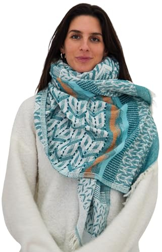 blanketino Luxuenza Premium Baumwollschal – Weiches gewebtes Tuch aus 100% türkischer Baumwolle, Boho Muster mit Fransen, Damen & Herren Schal – 90×178 cm (mehrere Farben) (Türkis & Honig)