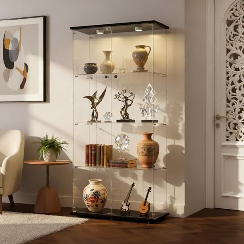 AilZylphera Vitrina de Cristal con LED, Vitrina de pie con Cerradura, 2 Puertas, 4 Capas, Vitrina de colección, Armario Alto para salón, Dormitorio, Oficina, 80,6 x 36,5 x 164,5 cm (A, Negro)