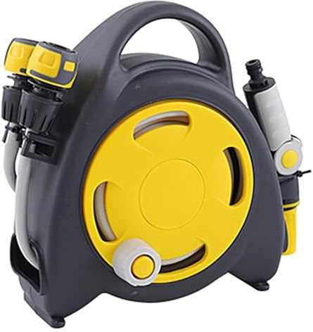 Avvolgitubo da giardino con montaggio a parete con tubo da 10 m e ugello spray, contenitore retrattile per tubo esterno per lavaggio auto e irrigazione da giardino (giallo)