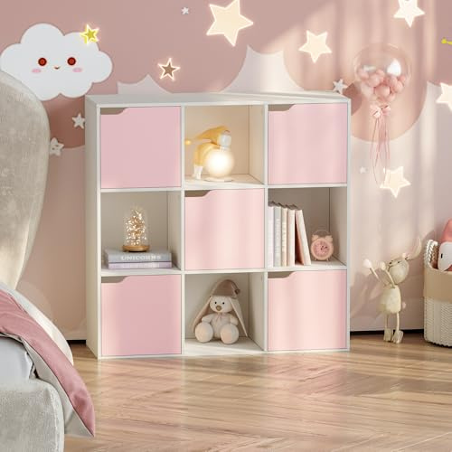 [en.casa] Kinderregal Ljunshund Bücherregal 9 Fächer Kinderzimmer 3x3-Würfelregal mit 5 Türen Standregal 90 x 90 x 30 cm Weiß/Rosa