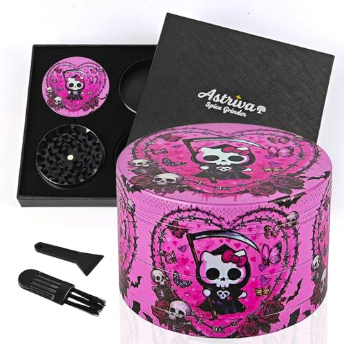 Pink Grinder Herb Large Metal, 63mm,4 Piece Skull Grinder Metal with Sharp Shark Teeth, Cool Fantasy Grinders for Kitchen Spice & Herbal Tea, Gift Set for Girls, Girlfriend, Women