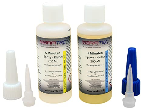 marfitec © 5-Minuten-Epoxy 200ml (Epoxidharz 100ml, Epoxidhärter 100ml) 2 Komponenten Kleber auf Epoxidharz Basis, 2K Kleber mit hoher Beständigkeit für viele Materialien