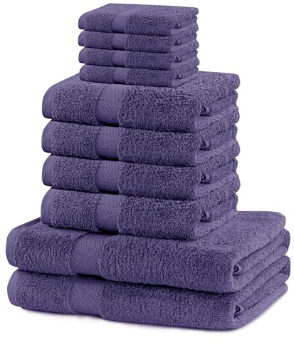 DecoKing Set med 10 bomullskvalitet 525 g/m² 4 gästhanddukar 30 x 50 cm 4 handdukar 50 x 100 cm och 2 badhanddukar 70 x 140 cm lila absorberande marina