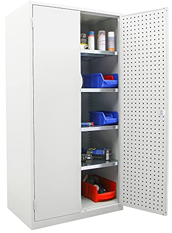 STIER Werkstattschrank, 1940x1000x600mm, lichtgrau, 4 Schrankböden, Tür von Innen mit Lochplattenverkleidung