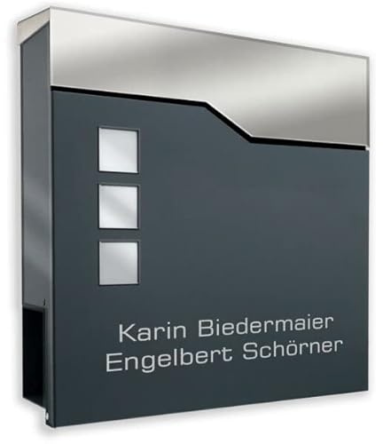 Edelstahl Briefkasten in anthrazit mit Beschriftung - Briefkasten aus pulverbeschichtetem Stahl mit Zeitungsrolle, Briefschlitz und Sichtfeldern