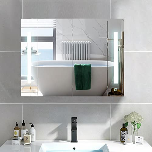 CLIPOP Spiegelschrank Bad mit LED Beleuchtung 3 Lichtfarbe Einstellbar Badezimmer Hängeschrank Wandschrank mit Spiegel 2 Türiger und Ablage Spiegelschrank Geringe Tiefe Badschrank