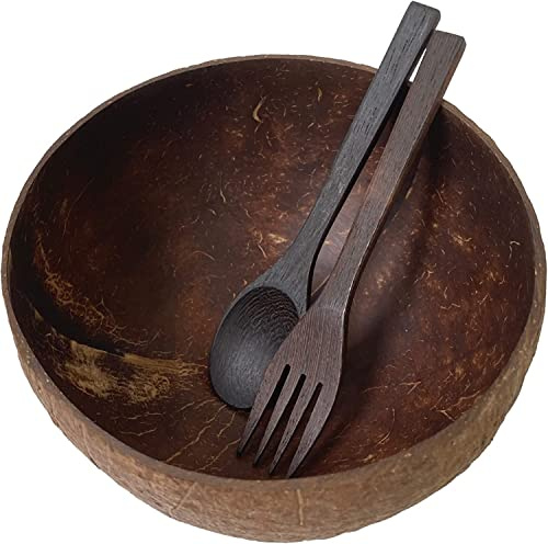 purpleclay JUMBO COCONUT BOWL WITH SERVING UTENSILS – Natural, Hand-Crafted, Eco-Friendly, Big Salad, Smoothie or Buddha Bowls (1 large bowl and serving fork and spoon)