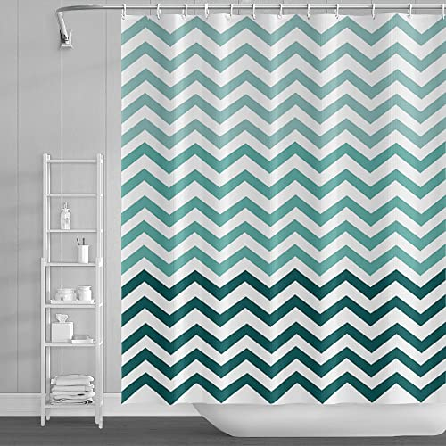 SDOTPMT 105x160cm Ola Raya Cortina de Ducha Verde Blanco Gradiente Horizontal Ondulante Zigzag Cortina de baño Abstracto Geométrico Cortina bañera para niños Baño Tela Poliéster con Ganchos