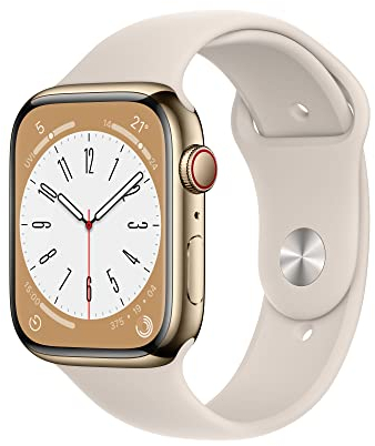 Apple Watch Series 8 (GPS + Cellular, 45mm) Smartwatch - Edelstahlgehäuse Gold, Sportarmband Polarstern - Regular. Fitnesstracker, Blutsauerstoffund EKGApps, Always-On Retina Display, Wasserschutz