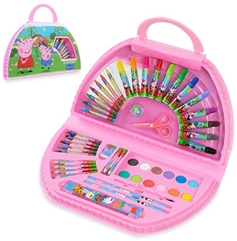 Peppa Pig Peppa Wutz 50-teilig Malset, Kinder Malset mit Buntstiften, Wasserfarben, Malstiften und Mehr, Rosa Malkoffer für Kinder mit Tragegriff