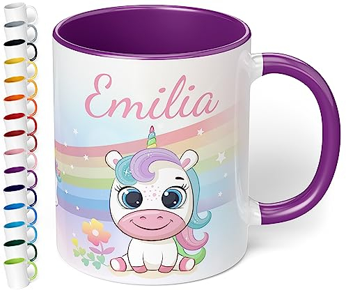 True Statements Kinder-Tasse mit Namen „Einhorn mit Regenbogen-Motiv“ – personalisierte Tasse für Jungen und Mädchen - rundum bedruckt – schönes Geschenk zu Weihnachten, Geburtstag (Violett)