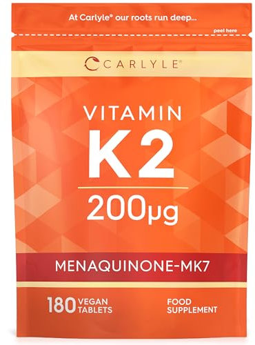 Vitamin K2 MK7 200ug | High Strength | 180 Vegan Tablets | Menaquinone-MK7 | Suitable for Vegetarians and Vegans | by Carlyle