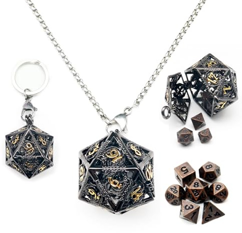Haxtec Mini Dice Metall DND DICE Set mit schwarzem Gold Hohlhöhle D20 Halskette Dice Hülle Antike winzige Kupfermetallwürfel Set D & D Keychain Tragbares 7pcs Würfelsatz Set