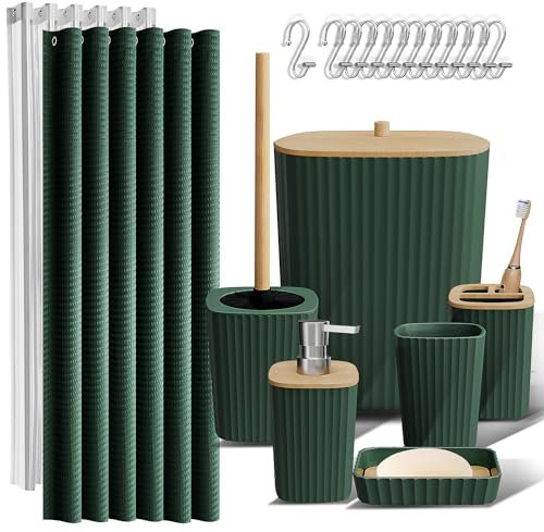 Clara Clark Bathroom Accessories Set - Bathroom Accessory Set with Shower Curtain Set, Toilet Brush, Trash Can & Soap Dispenser (Hunter Green, Complete Set)