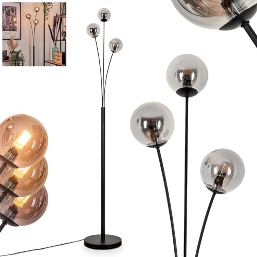 Stehleuchte Bernado, Stehlampe aus Metall/Glas in Schwarz/Rauchfarben, Leuchte im modernen Retro/Vintage-Design mit Schirmen aus Glas (Ø 10 cm), dimmbar über Fußschalter, 3 x G9, ohne Leuchtmittel