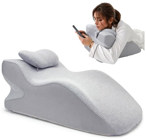 Generic Adult Ergonomic Memory Foam Bed Triangle Wedge Pillow Headboard for Sitting up Back Neck Pain Relief with Face Down Massage Prone Pillow Function for Reading, with Washable Cover (Grey)