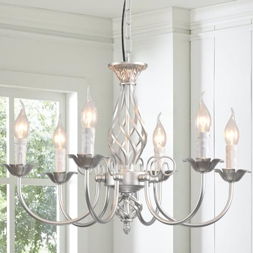 JIINOO 6-Flammiger Silber Kronleuchter im Vintage Landhausstil | Französische Pendelleuchte aus Schmiedeeisen mit 90 cm Kette, höhenverstellbar für Esszimmer, Wohnzimmer und Küche