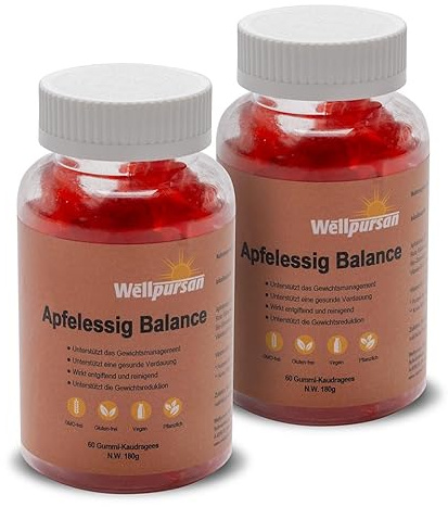Wellpursan Apfelessig Balance Gummidrops 1.000 mg, 120 Kaudragees | 60 Tage Vorrat, Mit Granatapfel und Roter Rübenwurzel, Angereichert mit Vitamin B9 & B12, 100% vegan & glutenfrei