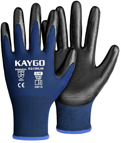 KAYGO 12 paia Guanti da lavoro rivestiti in nitrile, buona presa, Ideale per uso generale, Mattonellatura, Magazzino, Automotive, Montaggio, Giardinaggio, KG12N (Blu, M, Taglia 8)