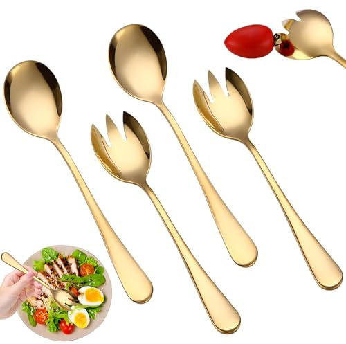 4 Stück Edelstahl Salatgabel und Servierlöffel, 20cm Gold Salatlöffel Vorlegebesteck, Edelstahl Salatbesteck Goldenes, Salatbesteck Set, Multifunktion Edelstahl Salatgabel für Zuhause Küche Esszimmer