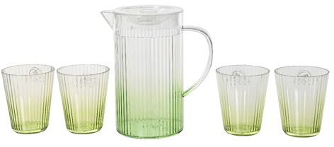 Decoris Juego de vasos con jarra de plástico, juego de 5 vasos y jarra, juego de vasos con jarra, vasos de agua, vasos de zumo de limonada, color verde transparente