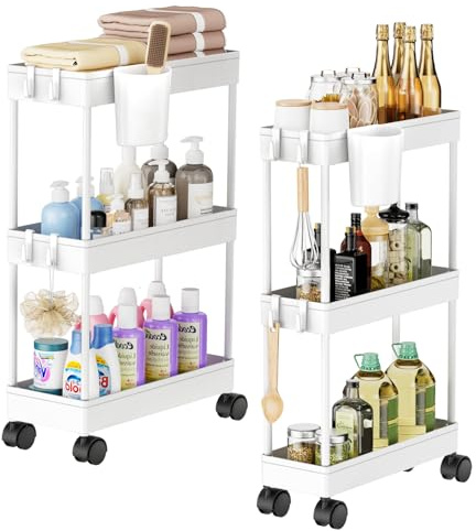 Shrivee Pack of 2 Carrito Auxiliar Baño con Ruedas 3 Niveles Ahorro de Espacio Carro Organizador con Ganchos y Tazas de Cocina Oficina (Blanco)