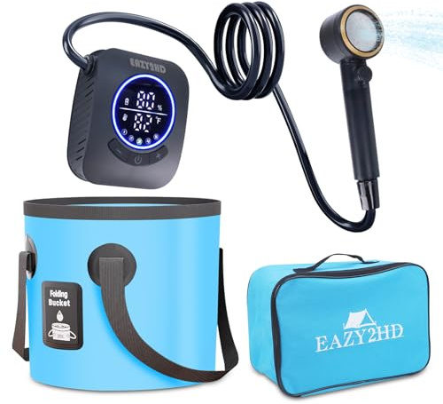 Eazy2hD Portable Camping Shower 8000mAh Rechargeable Outdoor Shower Pump, 4 Spray Modes, IPX8 Waterproof for Camping, Hiking, Pet Bath,Car Washing,Surf & Boat Cleaning (Shower Pump With Bucket)