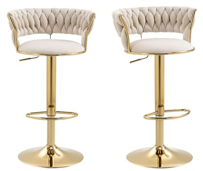 LIFEISLE Barhocker 2er-Set, 360° drehbar Barstühle mit golden höhenverstellbaren Metallrahmen, Küchenhocker mit Fußstütze Bistrohocker Beige